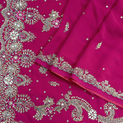 Indian Vintage Heavy Rani Pink Saree Georgette Hand Embroidered Sari Craft Fabric 6Yd Sewing Soft Ethnic Zari Dress Making wedding Sari