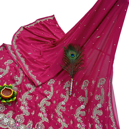 Indian Vintage Heavy Rani Pink Saree Georgette Hand Embroidered Sari Craft Fabric 6Yd Sewing Soft Ethnic Zari Dress Making wedding Sari