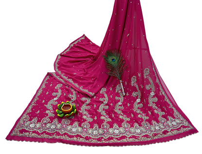 Indian Vintage Heavy Rani Pink Saree Georgette Hand Embroidered Sari Craft Fabric 6Yd Sewing Soft Ethnic Zari Dress Making wedding Sari