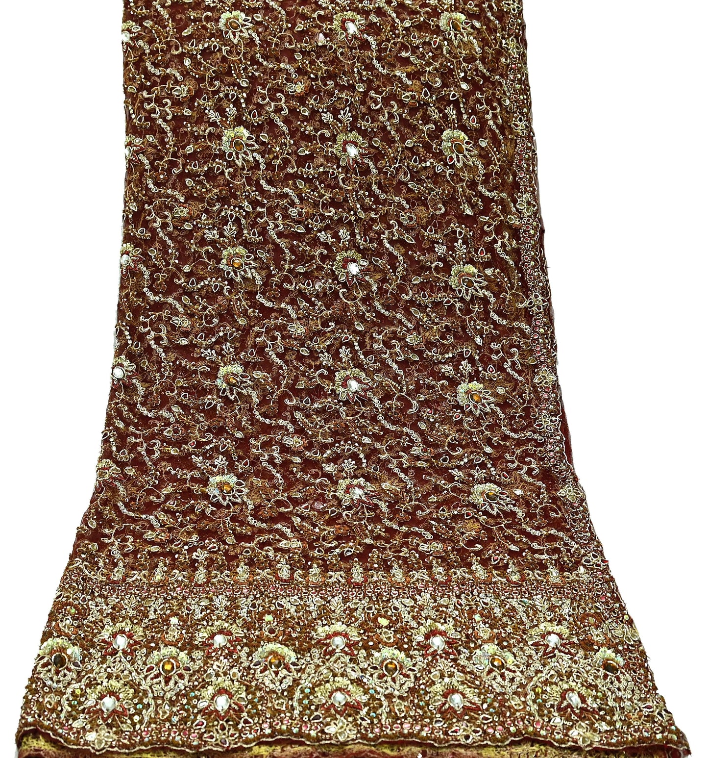 Indian Vintage Heavy Wedding Maroon Dupatta Net Mesh Long Stole Hand Embroidered Scarves Golden Zardozi Zari Sequins Dridal Veil Hijab