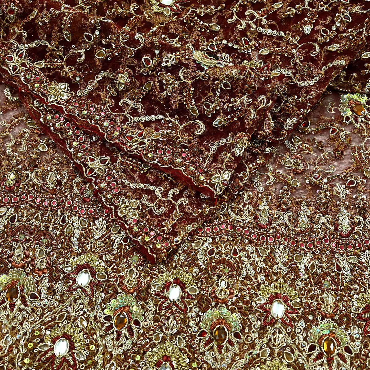 Indian Vintage Heavy Wedding Maroon Dupatta Net Mesh Long Stole Hand Embroidered Scarves Golden Zardozi Zari Sequins Dridal Veil Hijab