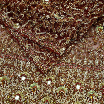 Indian Vintage Heavy Wedding Maroon Dupatta Net Mesh Long Stole Hand Embroidered Scarves Golden Zardozi Zari Sequins Dridal Veil Hijab