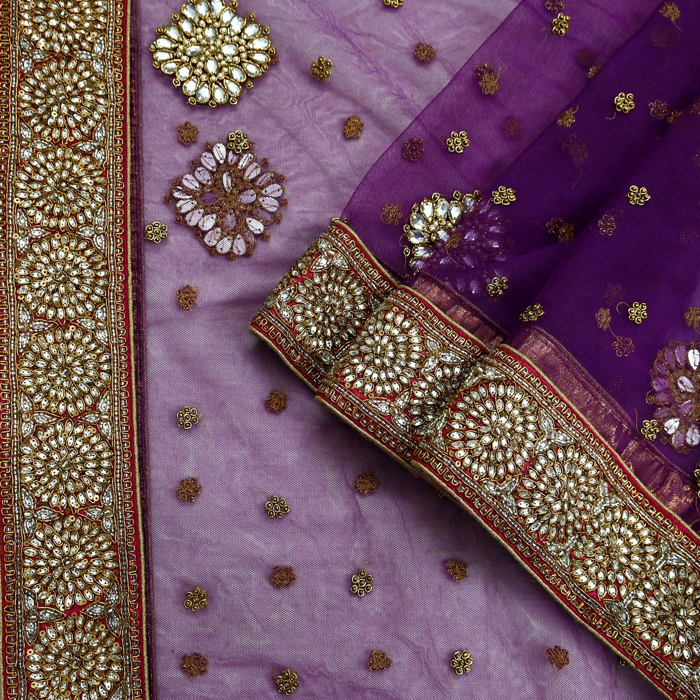 Indian Vintage Heavy Wedding Dupatta Purple Net Long Stole Hand Embroidered By Designer Sabyasachi Scarves Zardozi Bridal Veil