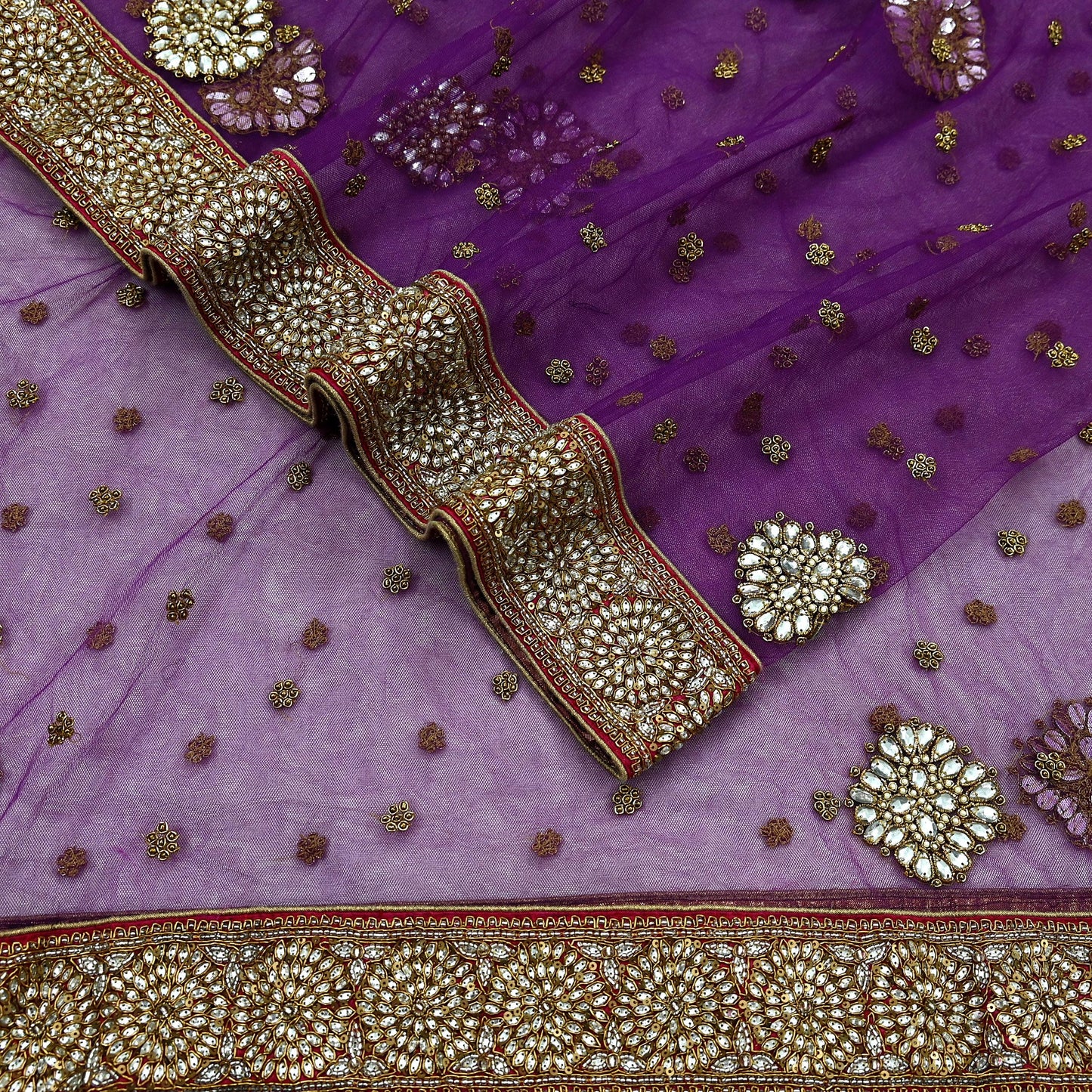 Indian Vintage Heavy Wedding Dupatta Purple Net Long Stole Hand Embroidered By Designer Sabyasachi Scarves Zardozi Bridal Veil