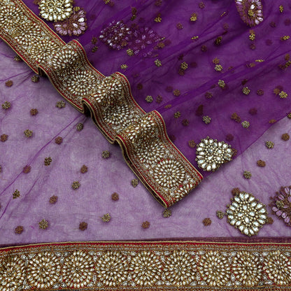 Indian Vintage Heavy Wedding Dupatta Purple Net Long Stole Hand Embroidered By Designer Sabyasachi Scarves Zardozi Bridal Veil