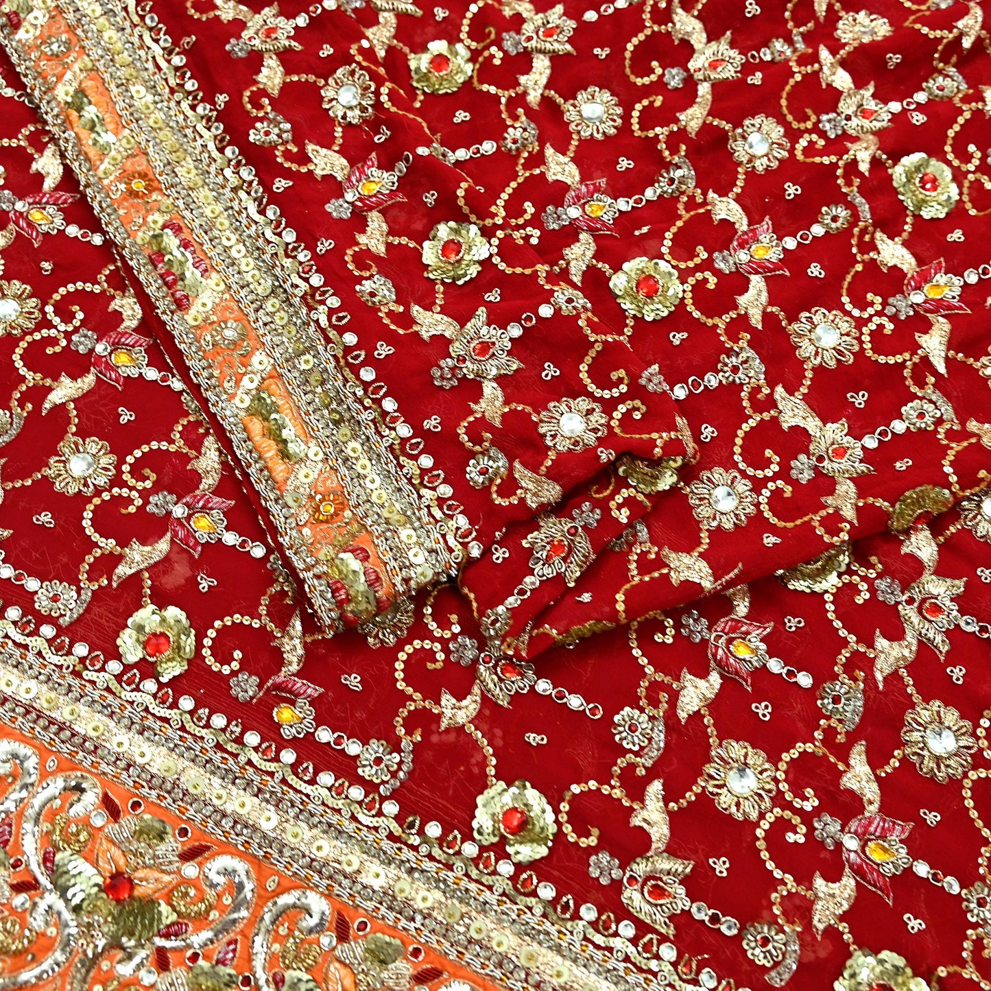 Indian Vintage Heavy Bridal Dupatta Red Pure Georgette Silk Long Stole Hand Embroidered Scarf Zardozi/Dabka Zari Wedding/Party Dupatta