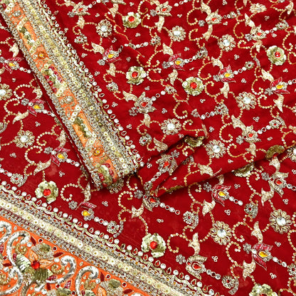 Indian Vintage Heavy Bridal Dupatta Red Pure Georgette Silk Long Stole Hand Embroidered Scarf Zardozi/Dabka Zari Wedding/Party Dupatta