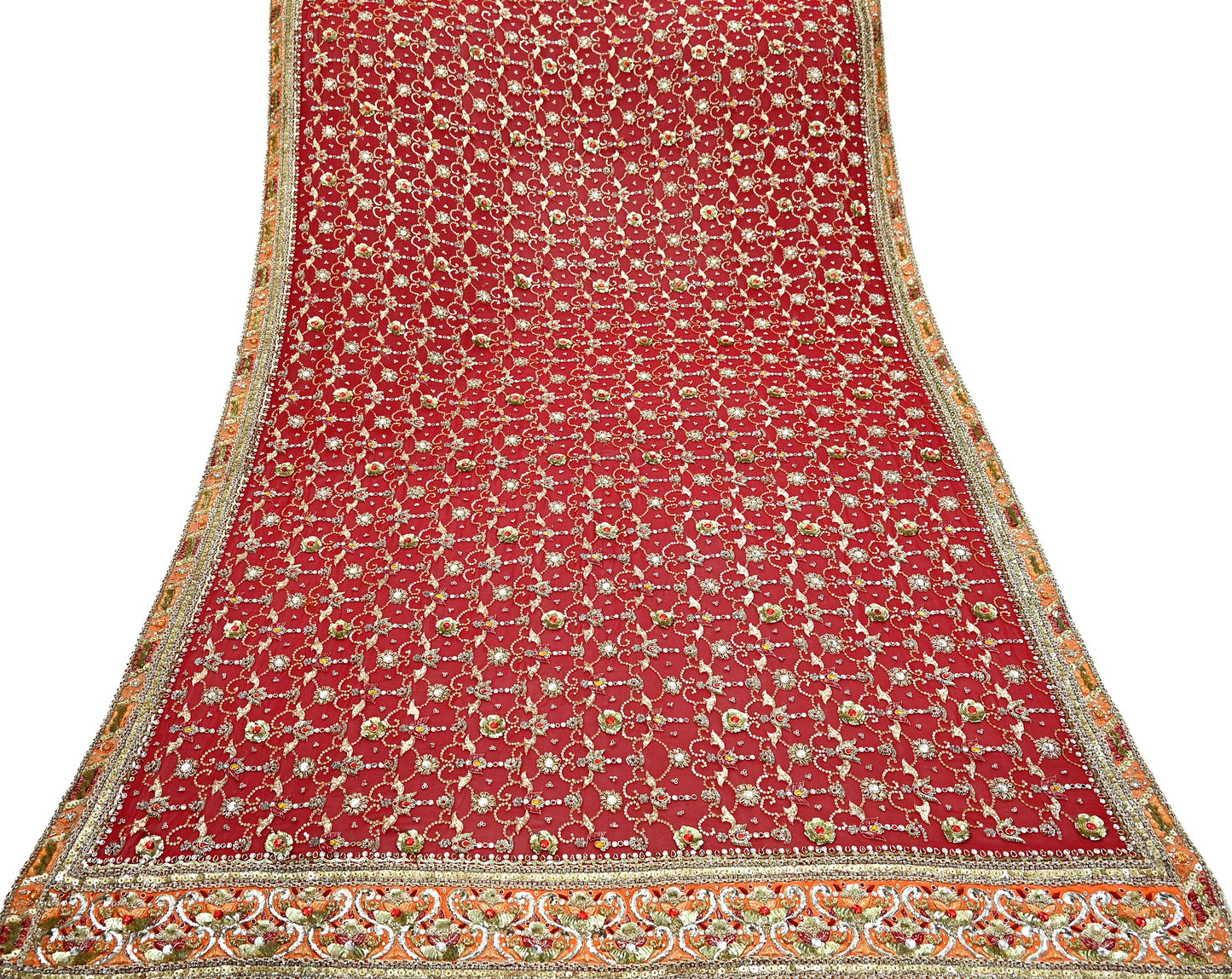 Indian Vintage Heavy Bridal Dupatta Red Pure Georgette Silk Long Stole Hand Embroidered Scarf Zardozi/Dabka Zari Wedding/Party Dupatta