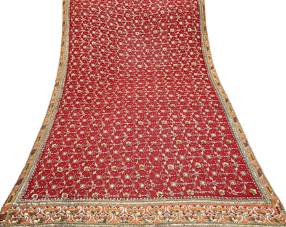 Indian Vintage Heavy Bridal Dupatta Red Pure Georgette Silk Long Stole Hand Embroidered Scarf Zardozi/Dabka Zari Wedding/Party Dupatta