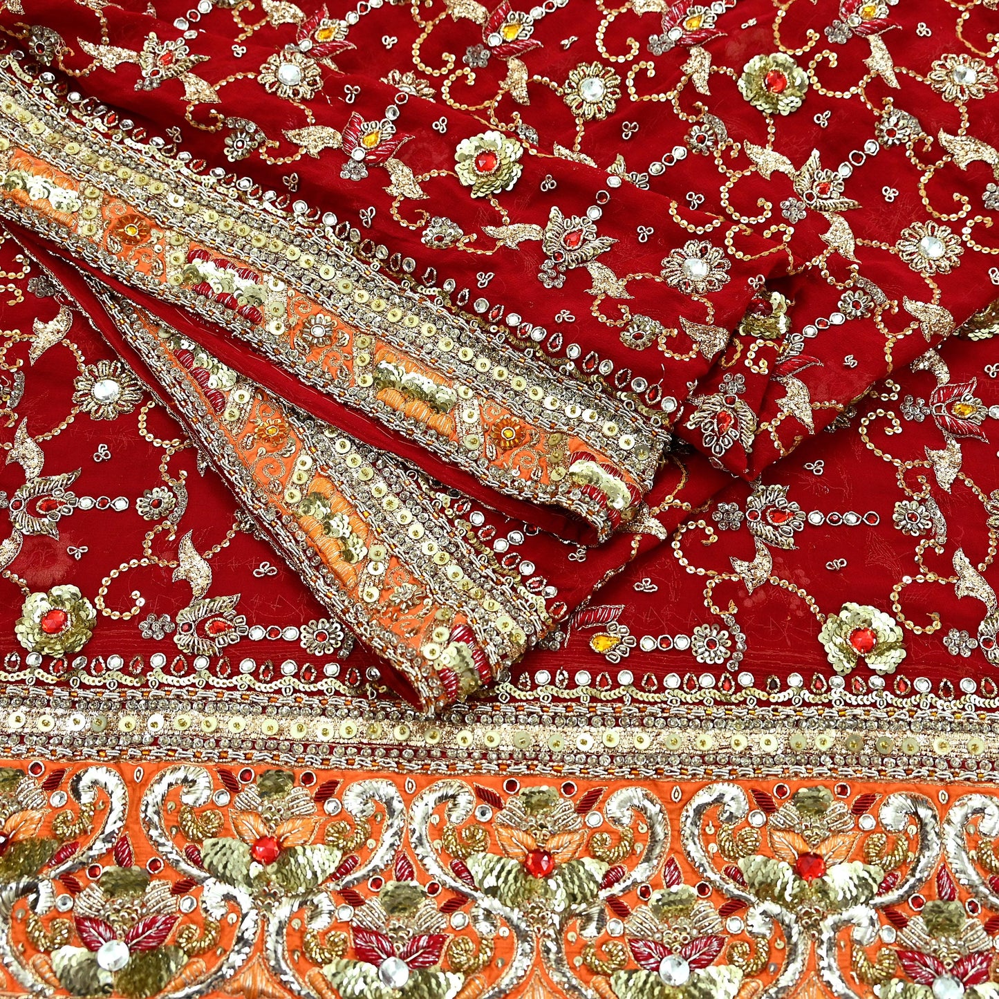 Indian Vintage Heavy Bridal Dupatta Red Pure Georgette Silk Long Stole Hand Embroidered Scarf Zardozi/Dabka Zari Wedding/Party Dupatta