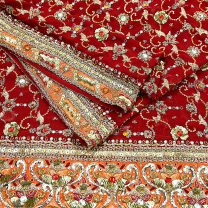 Indian Vintage Heavy Bridal Dupatta Red Pure Georgette Silk Long Stole Hand Embroidered Scarf Zardozi/Dabka Zari Wedding/Party Dupatta