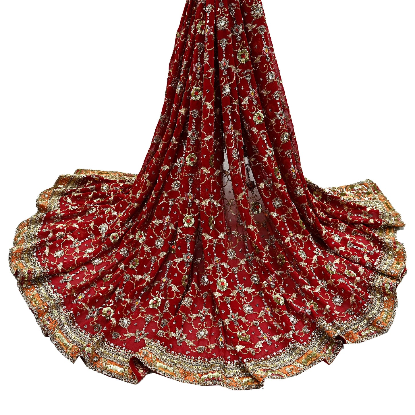 Indian Vintage Heavy Bridal Dupatta Red Pure Georgette Silk Long Stole Hand Embroidered Scarf Zardozi/Dabka Zari Wedding/Party Dupatta