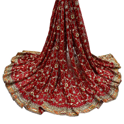 Indian Vintage Heavy Bridal Dupatta Red Pure Georgette Silk Long Stole Hand Embroidered Scarf Zardozi/Dabka Zari Wedding/Party Dupatta