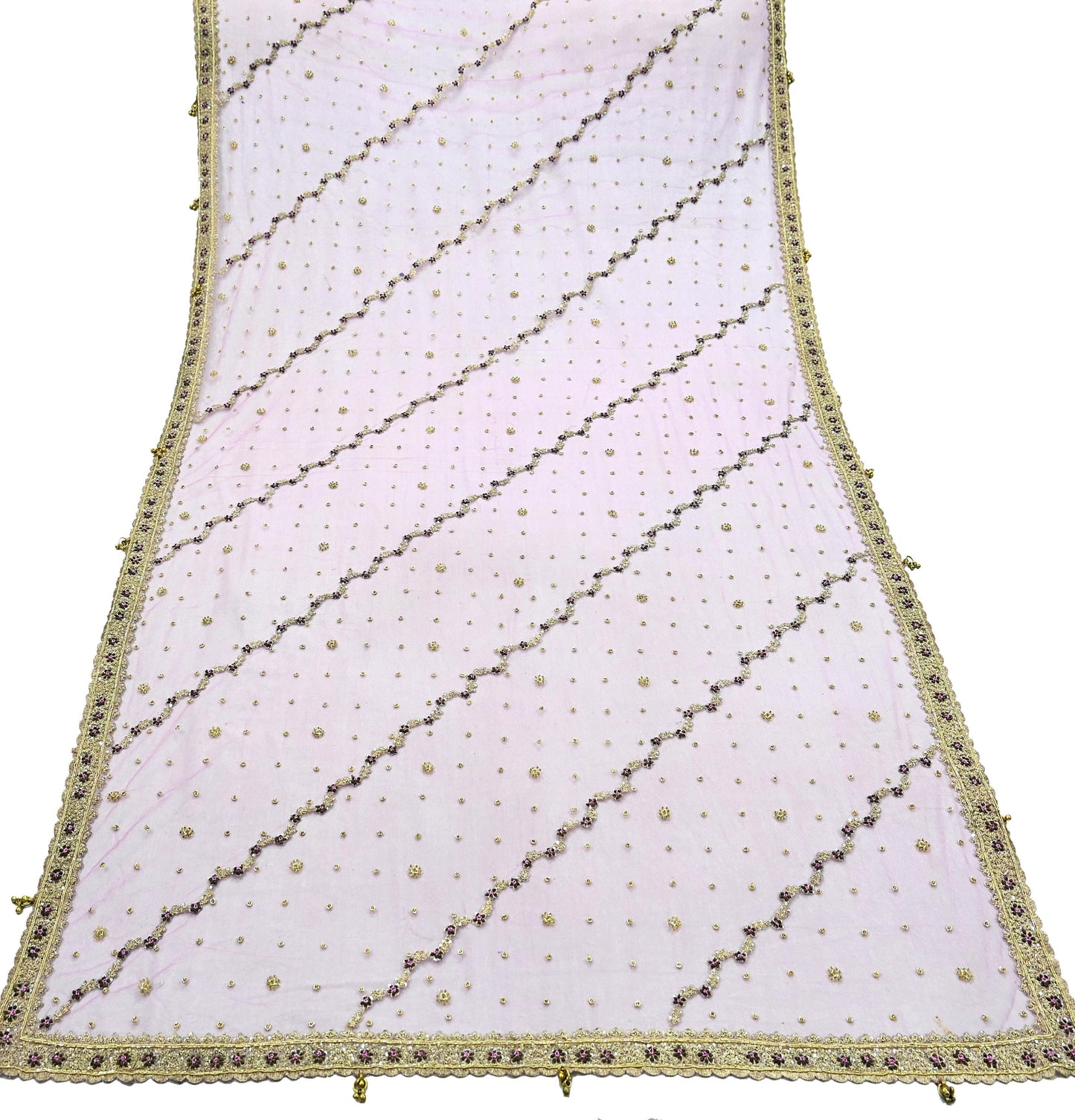 Indian Vintage Heavy Bridal Dupatta Purple Net Mesh Long Stole Hand Embroidered Scarves Golden Zardozi Dabka Zari Wedding Veil Hijab