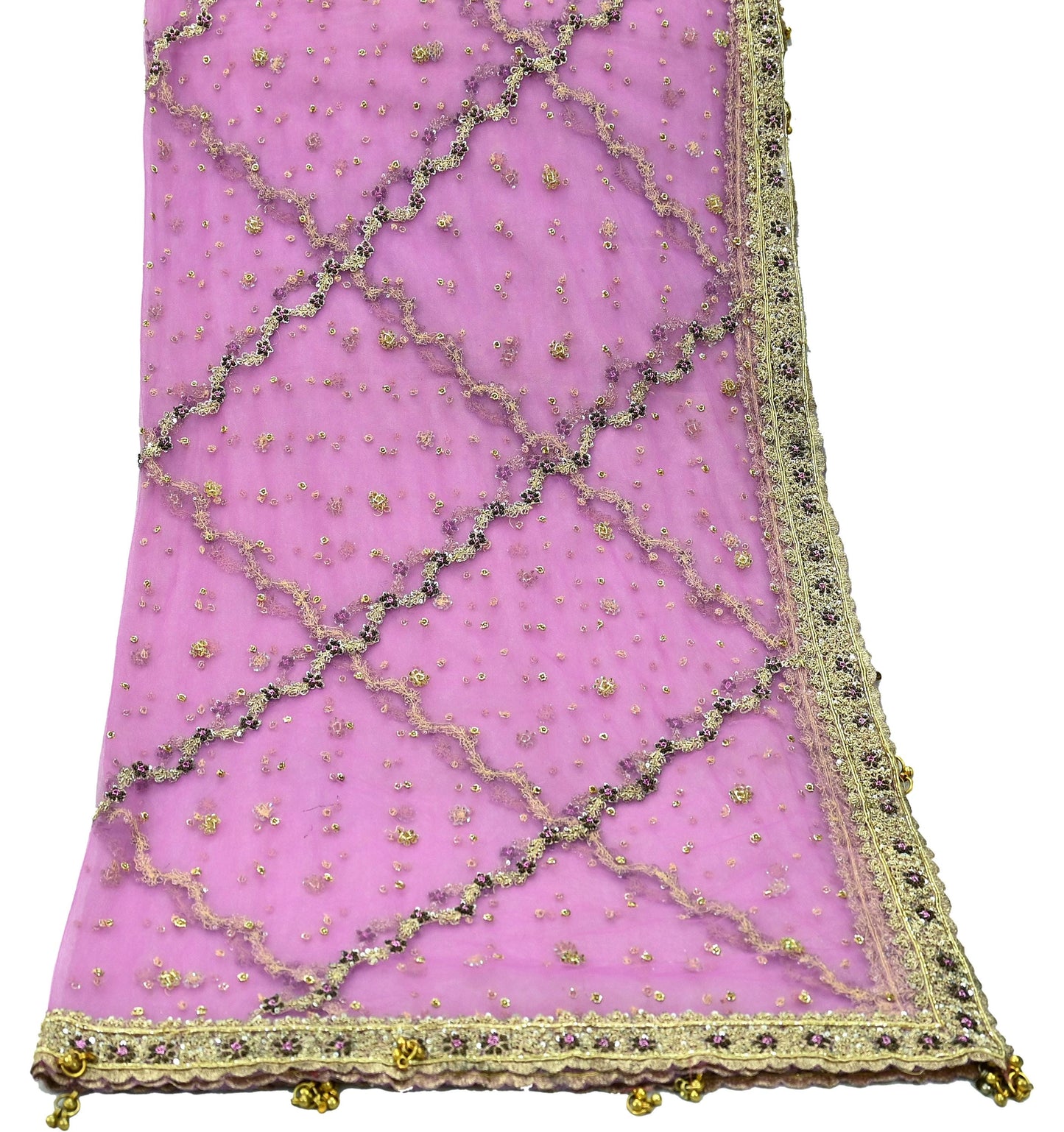 Indian Vintage Heavy Bridal Dupatta Purple Net Mesh Long Stole Hand Embroidered Scarves Golden Zardozi Dabka Zari Wedding Veil Hijab