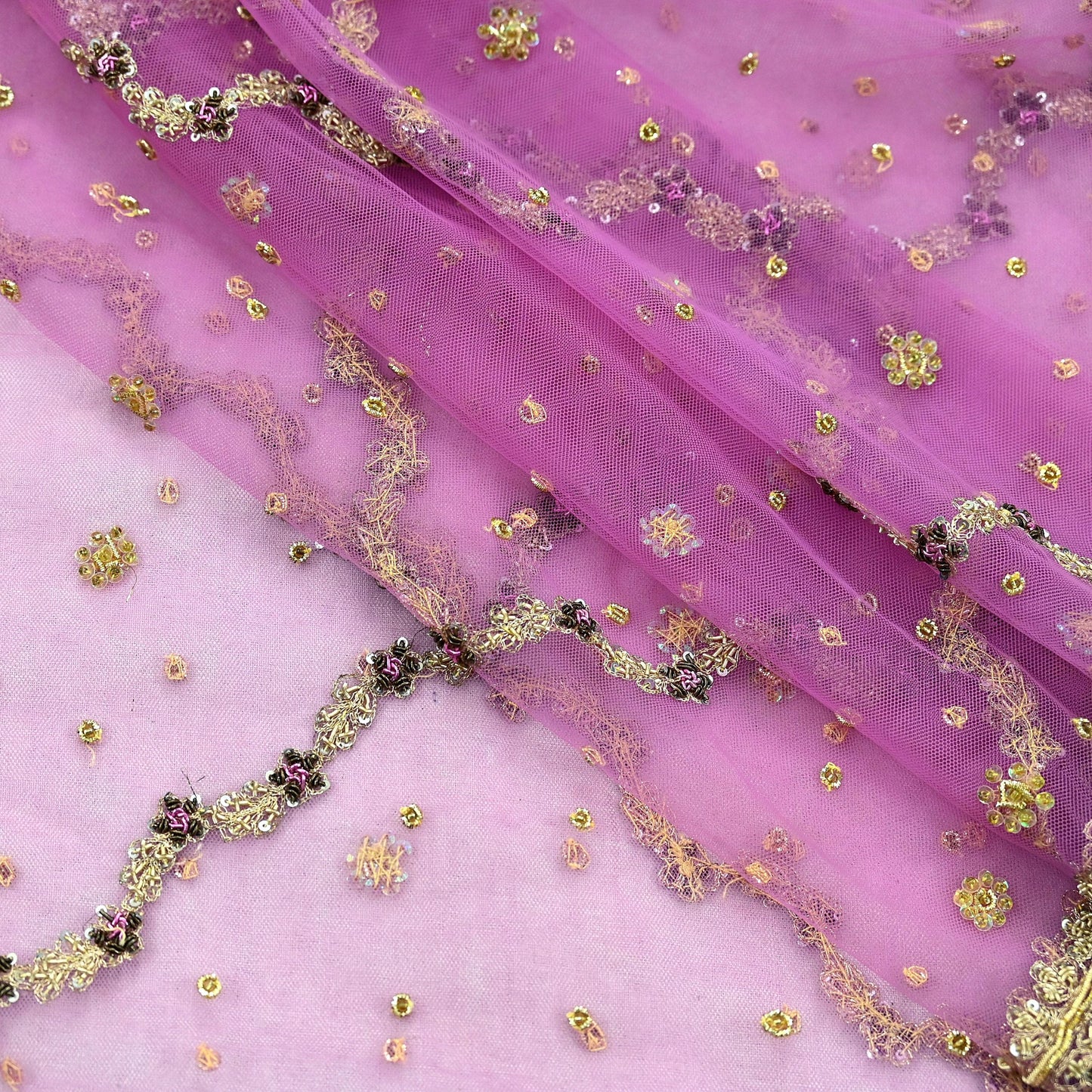 Indian Vintage Heavy Bridal Dupatta Purple Net Mesh Long Stole Hand Embroidered Scarves Golden Zardozi Dabka Zari Wedding Veil Hijab