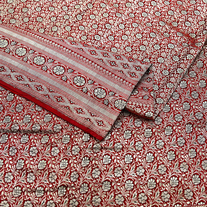 Indian Vintage Sari Red Heavy Wedding Pure Satin Silk Woven Banarasi Brocade Saree Zari 5Yd Craft Fabric Ethnic Dress making Crafting