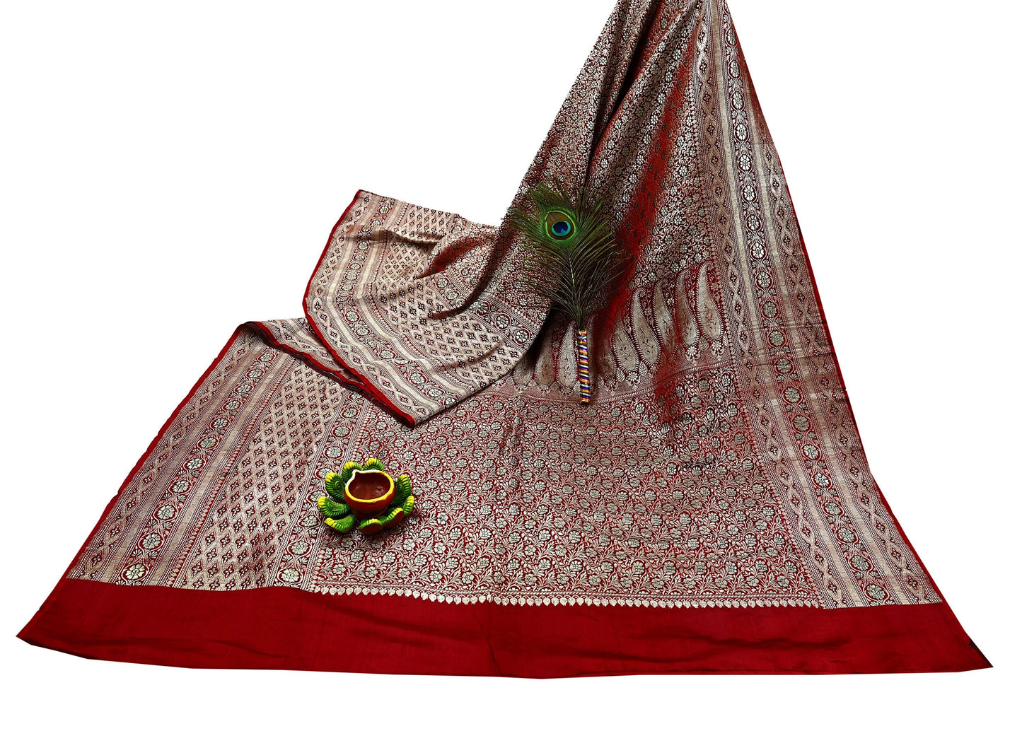Indian Vintage Sari Red Heavy Wedding Pure Satin Silk Woven Banarasi Brocade Saree Zari 5Yd Craft Fabric Ethnic Dress making Crafting