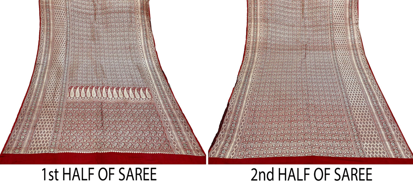 Indian Vintage Sari Red Heavy Wedding Pure Satin Silk Woven Banarasi Brocade Saree Zari 5Yd Craft Fabric Ethnic Dress making Crafting