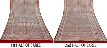 Indian Vintage Sari Red Heavy Wedding Pure Satin Silk Woven Banarasi Brocade Saree Zari 5Yd Craft Fabric Ethnic Dress making Crafting
