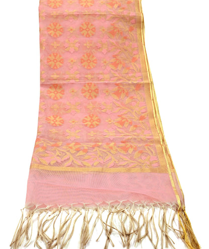 Indian Vintage Dupatta Pink Long Stole Hand Embroidery Chanderi Scarves Veil Wrap Boho