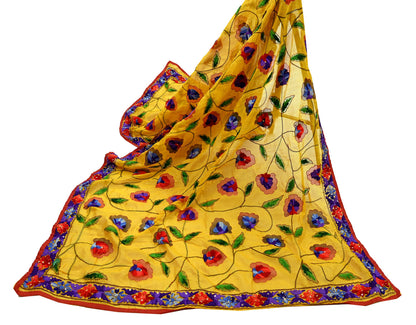 Indian Vintage Dupatta Saffron Long Stole Chanderi Hand Embroidered Bagh Phulkari Stole Scarves Party wear