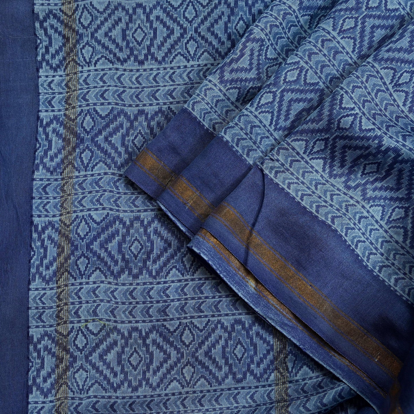 Indian Vintage Dupatta Blue Dupatta Long Stole Block Print Pure Chanderi Silk Scarves Veil Golden Zari