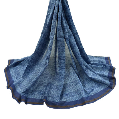 Indian Vintage Dupatta Blue Dupatta Long Stole Block Print Pure Chanderi Silk Scarves Veil Golden Zari