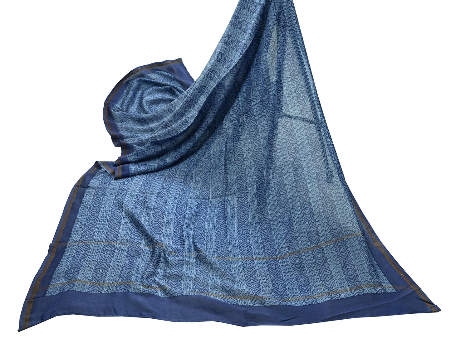 Indian Vintage Dupatta Blue Dupatta Long Stole Block Print Pure Chanderi Silk Scarves Veil Golden Zari