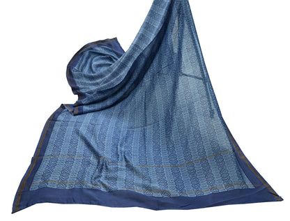 Indian Vintage Dupatta Blue Dupatta Long Stole Block Print Pure Chanderi Silk Scarves Veil Golden Zari