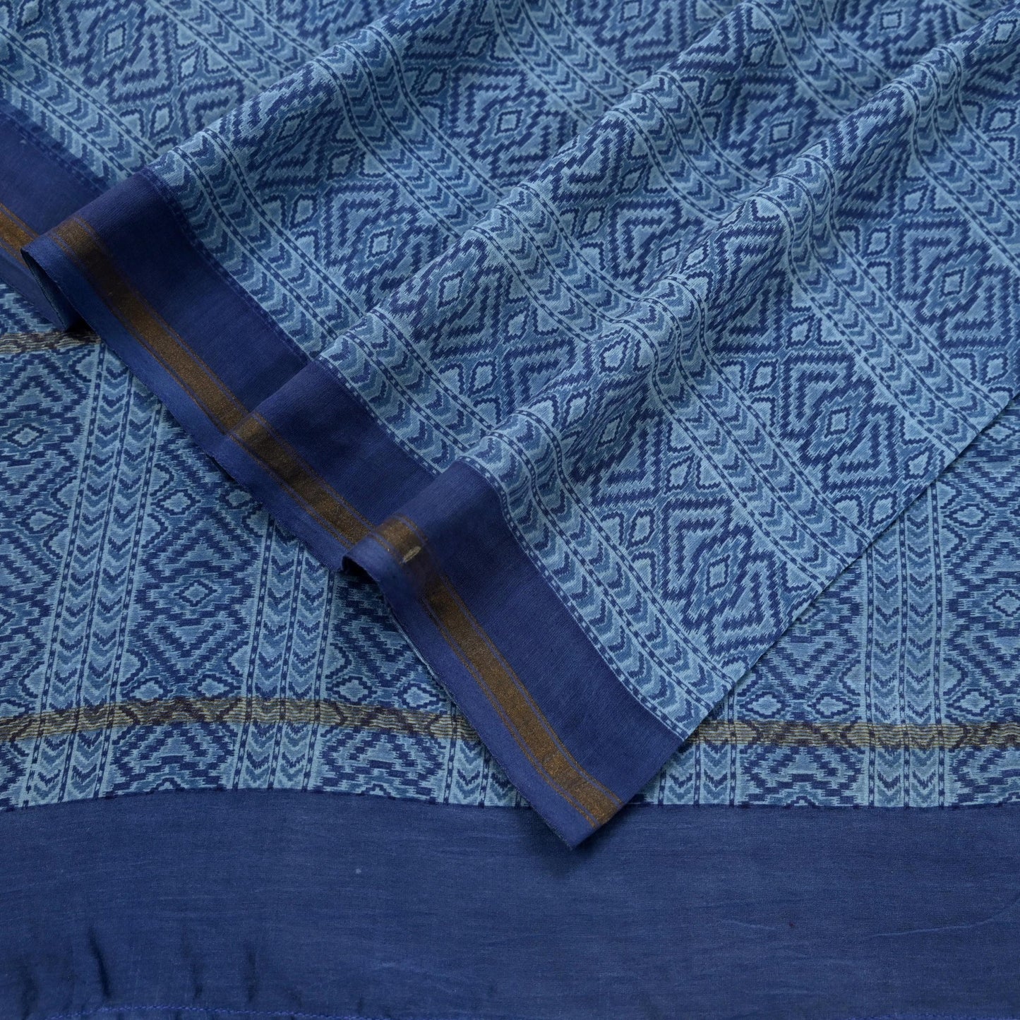 Indian Vintage Dupatta Blue Dupatta Long Stole Block Print Pure Chanderi Silk Scarves Veil Golden Zari