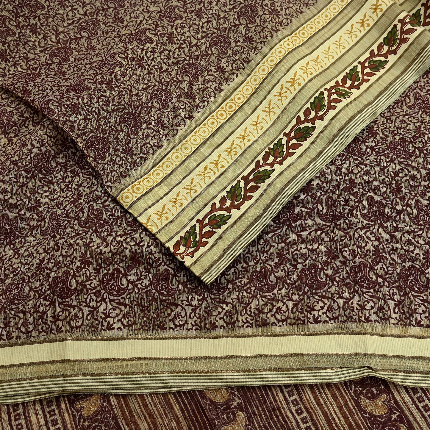 Vintage Sari Beige Pure Silk Printed Saree Fabric 5yard Sewing Soft Dress Designing for Crafting Quilting Upcycle Soft Border