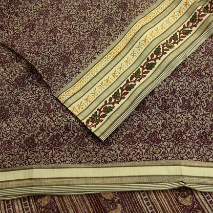 Vintage Sari Beige Pure Silk Printed Saree Fabric 5yard Sewing Soft Dress Designing for Crafting Quilting Upcycle Soft Border