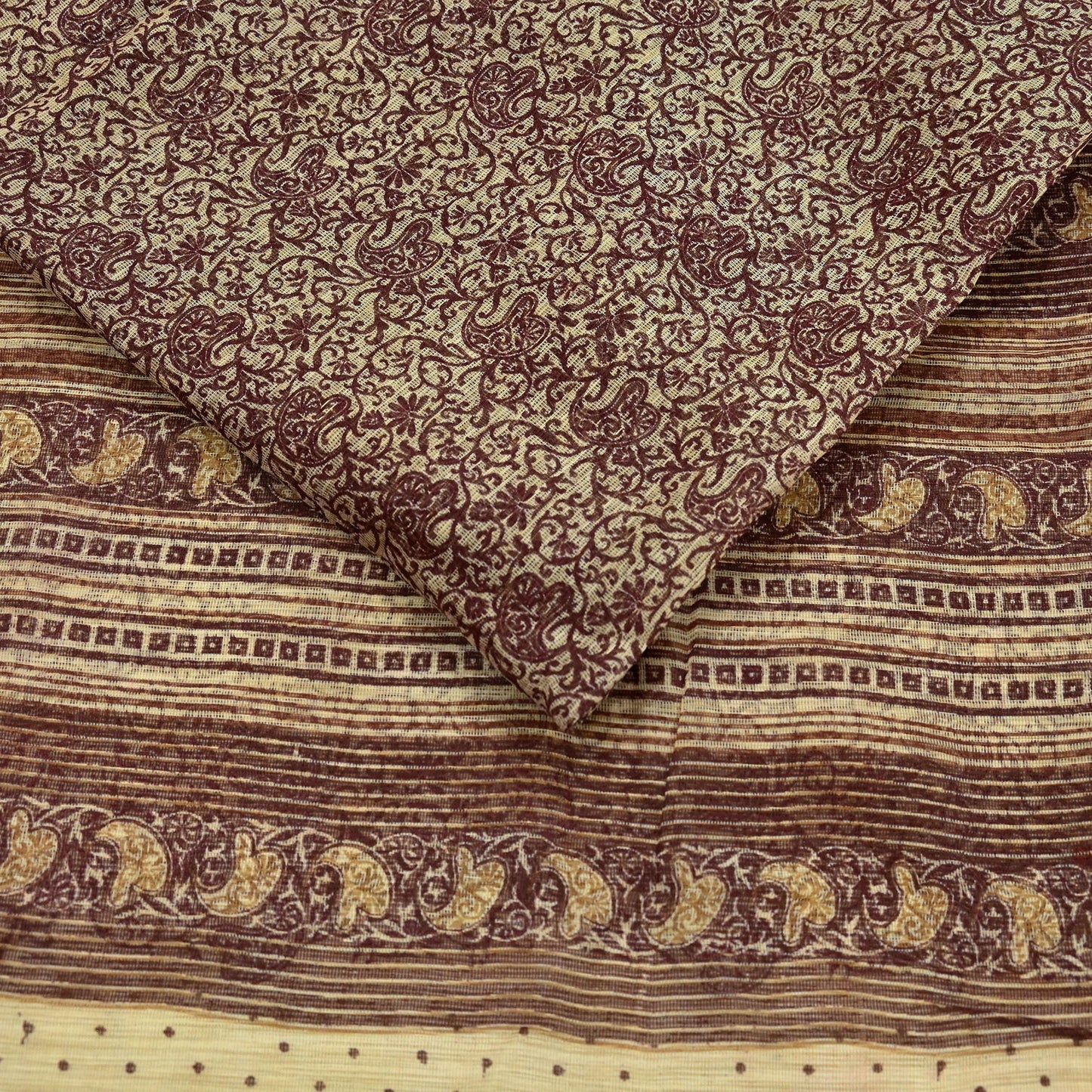 Vintage Sari Beige Pure Silk Printed Saree Fabric 5yard Sewing Soft Dress Designing for Crafting Quilting Upcycle Soft Border