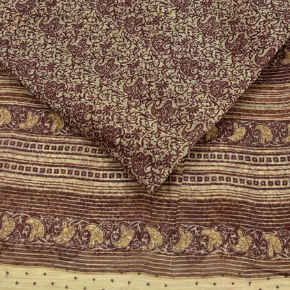 Vintage Sari Beige Pure Silk Printed Saree Fabric 5yard Sewing Soft Dress Designing for Crafting Quilting Upcycle Soft Border