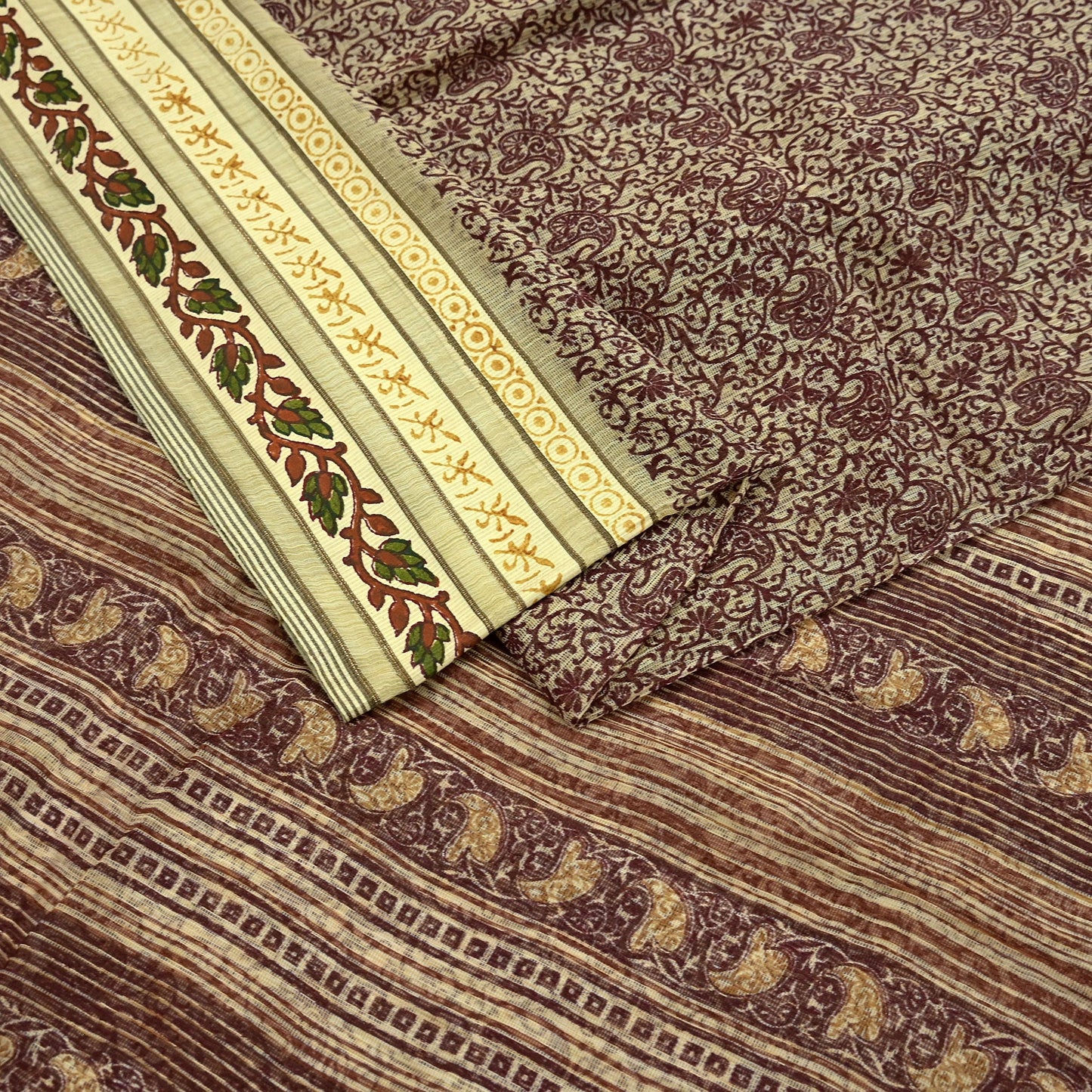 Vintage Sari Beige Pure Silk Printed Saree Fabric 5yard Sewing Soft Dress Designing for Crafting Quilting Upcycle Soft Border