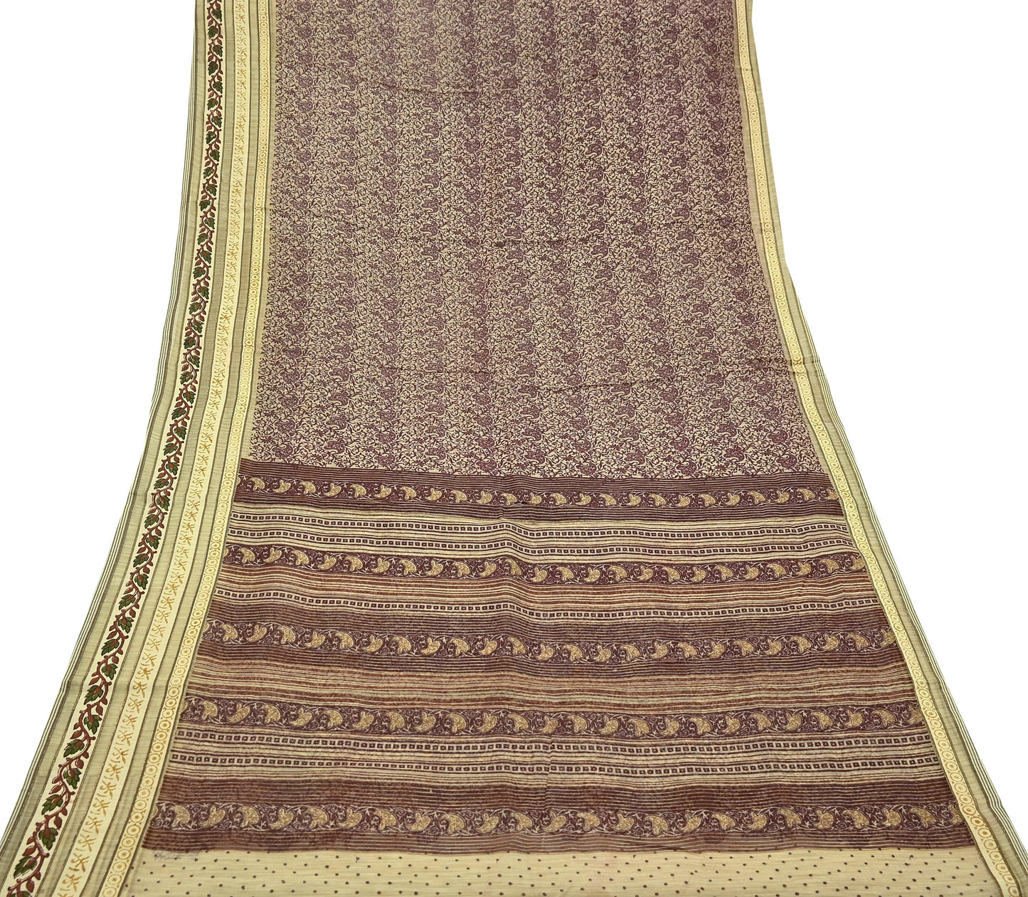 Vintage Sari Beige Pure Silk Printed Saree Fabric 5yard Sewing Soft Dress Designing for Crafting Quilting Upcycle Soft Border