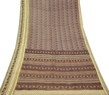 Vintage Sari Beige Pure Silk Printed Saree Fabric 5yard Sewing Soft Dress Designing for Crafting Quilting Upcycle Soft Border