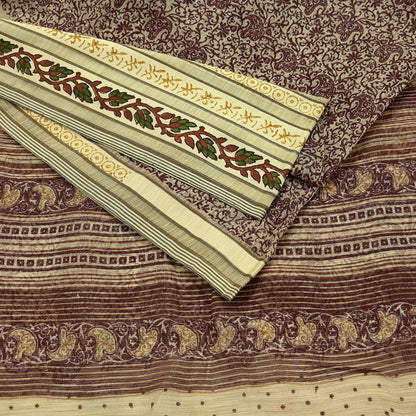 Vintage Sari Beige Pure Silk Printed Saree Fabric 5yard Sewing Soft Dress Designing for Crafting Quilting Upcycle Soft Border