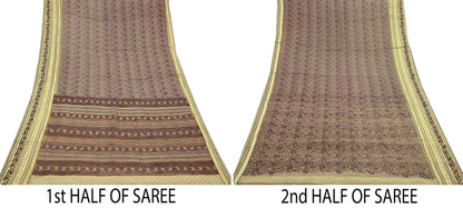 Vintage Sari Beige Pure Silk Printed Saree Fabric 5yard Sewing Soft Dress Designing for Crafting Quilting Upcycle Soft Border