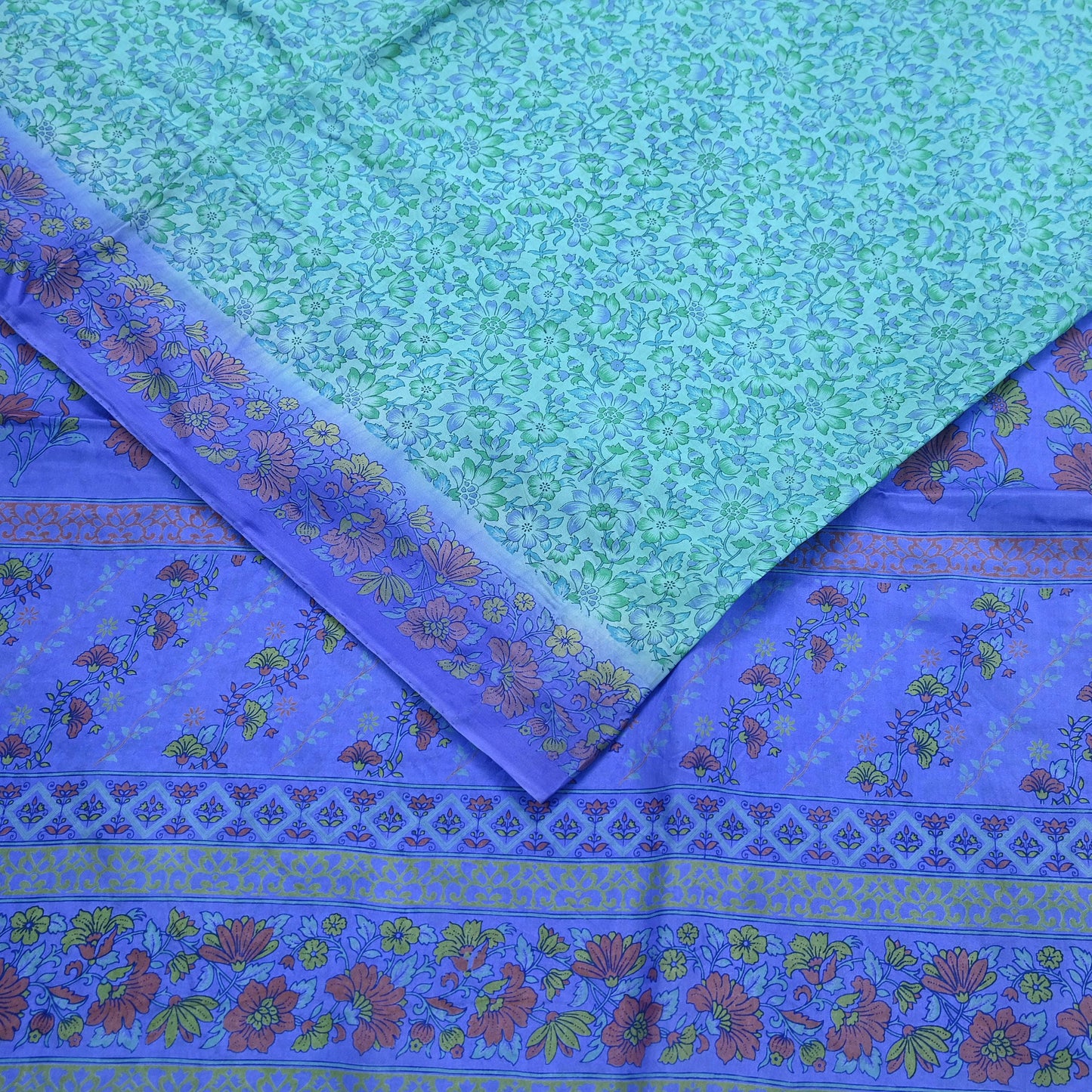 Indian Vintage Sari Green & Purple 100% Pure Silk Printed Sarees 5yd Craft Fabric Sewing Soft Dress Making Floral Quilting Crafting Upcycle