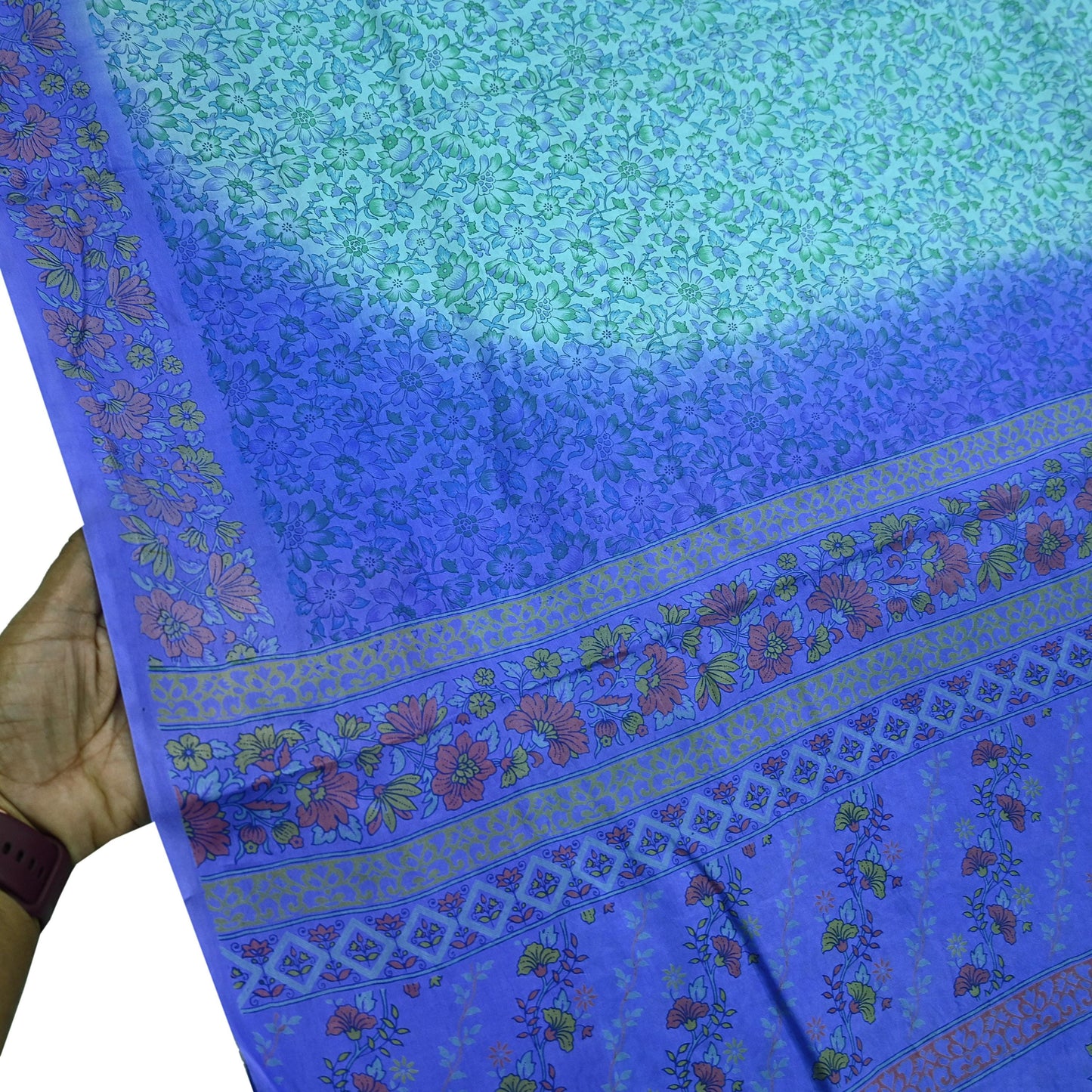 Indian Vintage Sari Green & Purple 100% Pure Silk Printed Sarees 5yd Craft Fabric Sewing Soft Dress Making Floral Quilting Crafting Upcycle