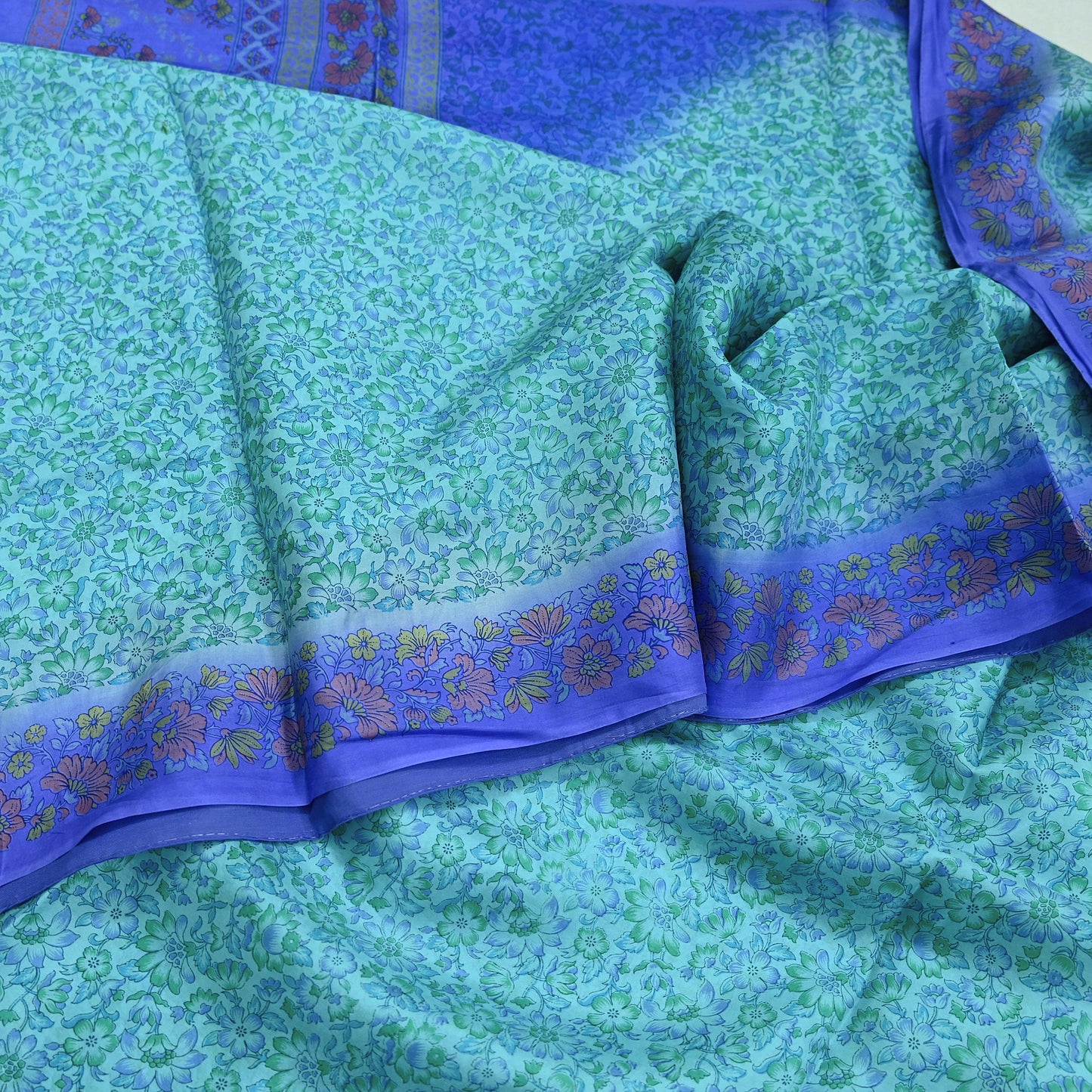 Indian Vintage Sari Green & Purple 100% Pure Silk Printed Sarees 5yd Craft Fabric Sewing Soft Dress Making Floral Quilting Crafting Upcycle