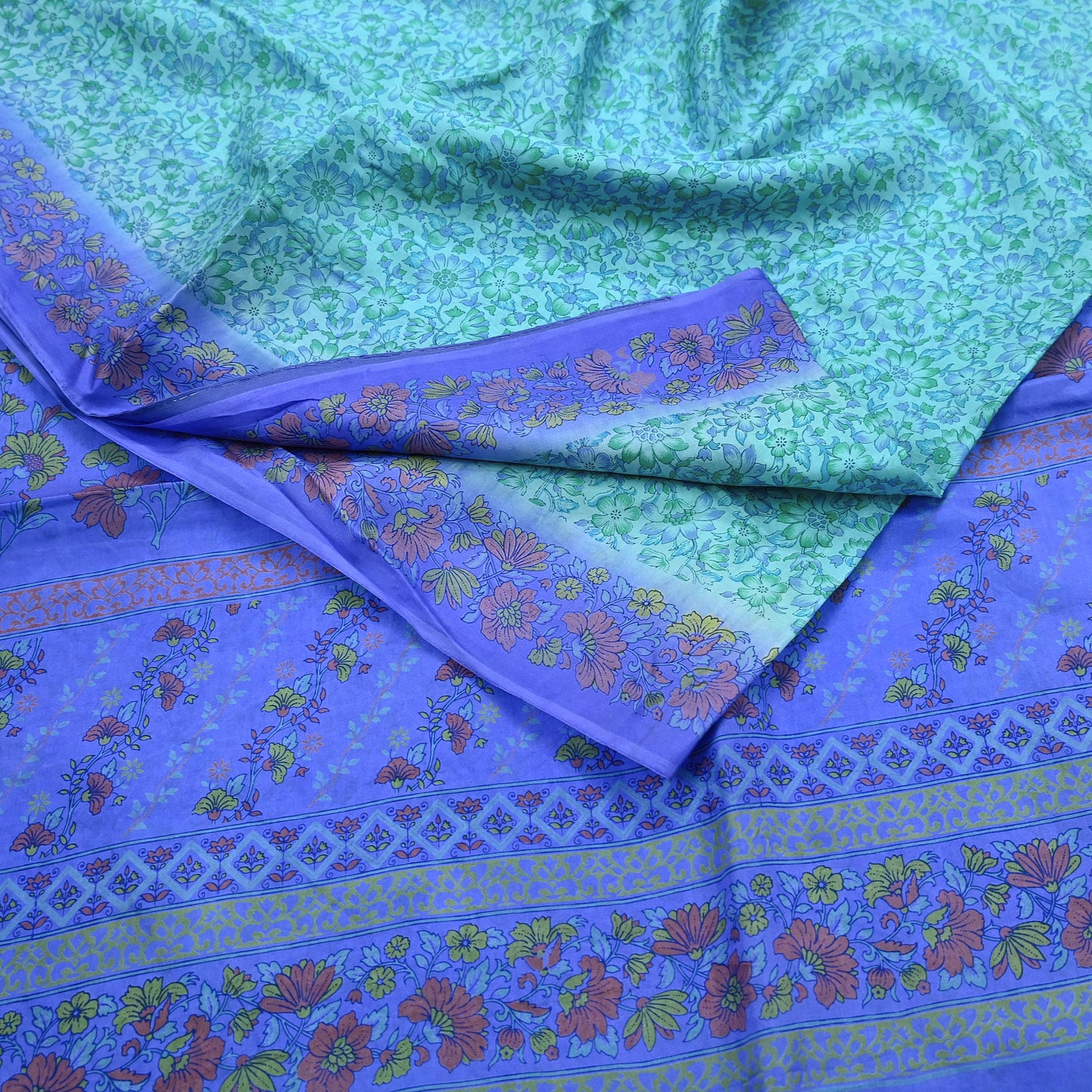 Indian Vintage Sari Green & Purple 100% Pure Silk Printed Sarees 5yd Craft Fabric Sewing Soft Dress Making Floral Quilting Crafting Upcycle