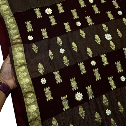 Indian Vintage Sari Maroon Hand Embroidered Pure Georgette Silk Sarees Craft Fabric 5Yd Sequins Wedding Sarees Quilting Crafting Upcycle