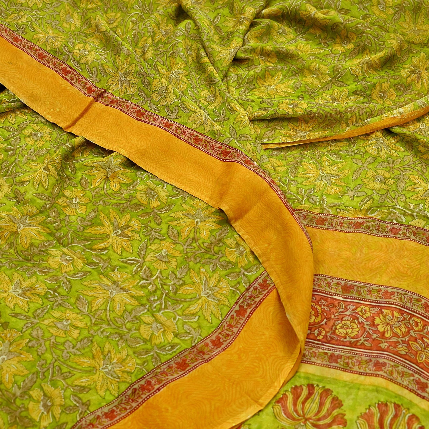 Vintage Sari Green 100% Pure Chiffon Silk Block Printed Sarees Sewing 5yd Craft Fabric Soft Dress Designing for Crafting Floral