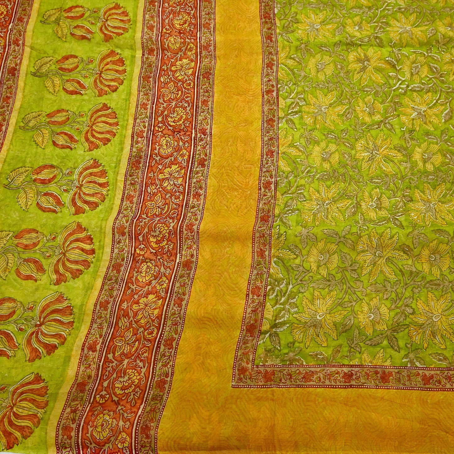 Vintage Sari Green 100% Pure Chiffon Silk Block Printed Sarees Sewing 5yd Craft Fabric Soft Dress Designing for Crafting Floral