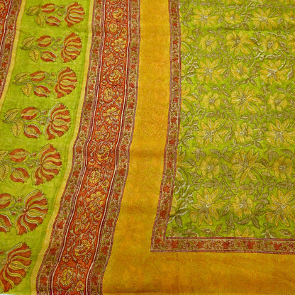 Vintage Sari Green 100% Pure Chiffon Silk Block Printed Sarees Sewing 5yd Craft Fabric Soft Dress Designing for Crafting Floral