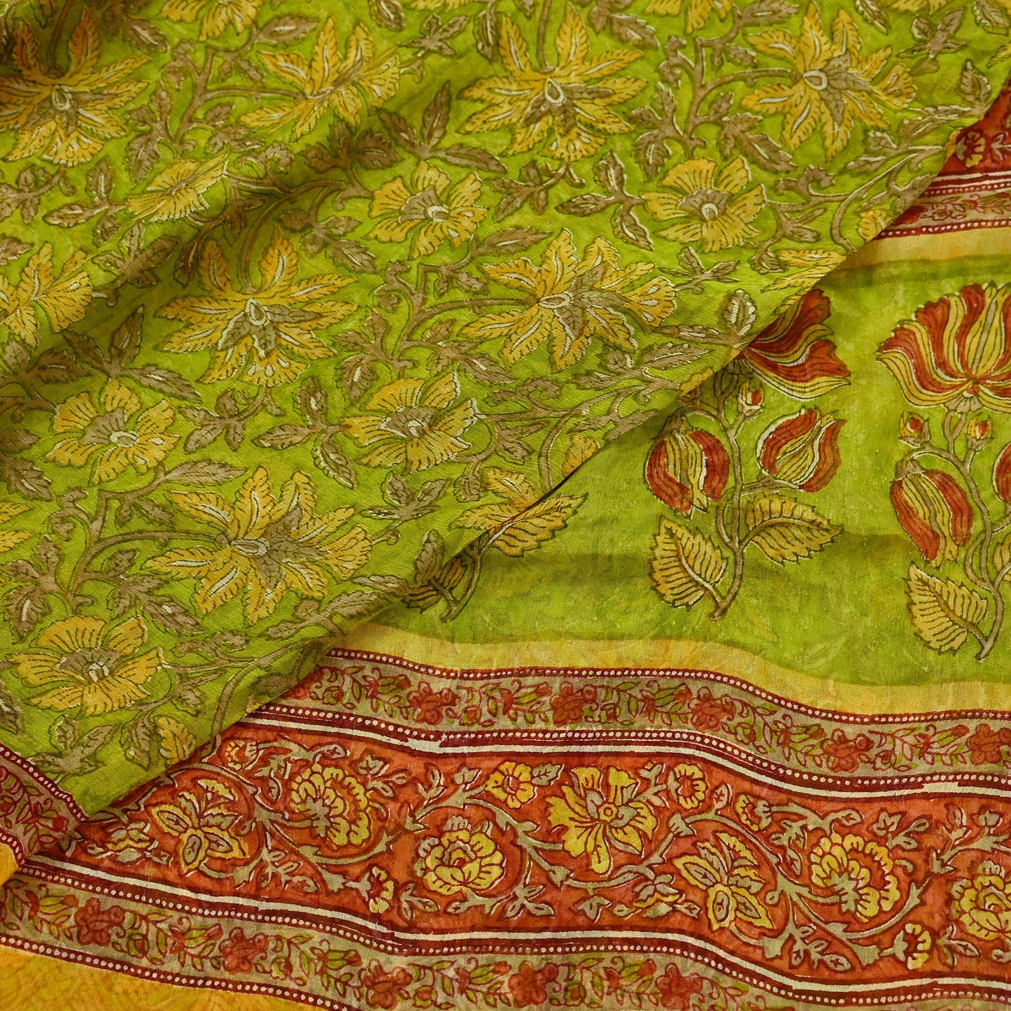 Vintage Sari Green 100% Pure Chiffon Silk Block Printed Sarees Sewing 5yd Craft Fabric Soft Dress Designing for Crafting Floral