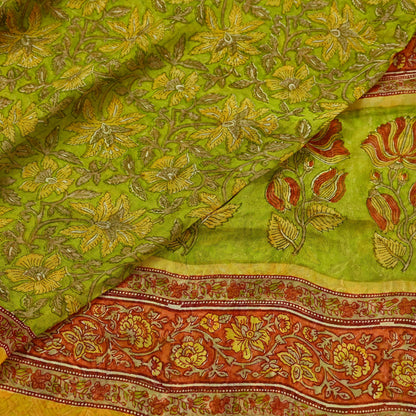 Vintage Sari Green 100% Pure Chiffon Silk Block Printed Sarees Sewing 5yd Craft Fabric Soft Dress Designing for Crafting Floral